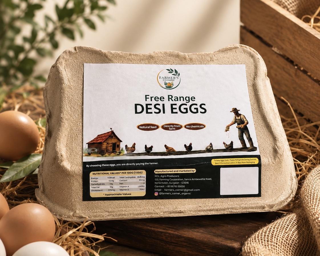 Farmers Corner pack of 6 free-range desi eggs in a tray